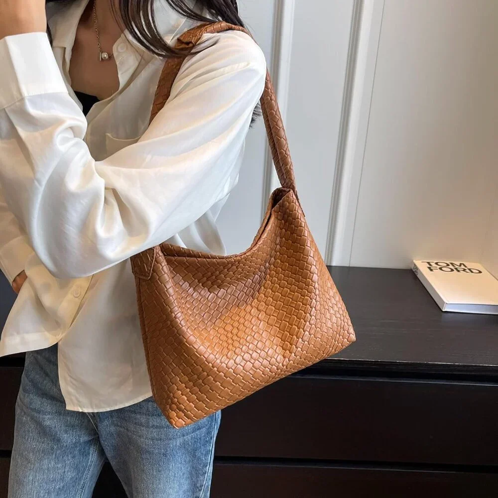 Women's Brown Soft Vegan Leather Woven Shoulder Top-handled Hobo Slouchy Bag
